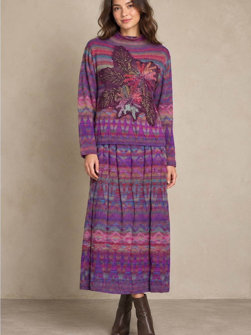 Women's Purple Floral Knit Skirt Set - Long Sleeve Maxi